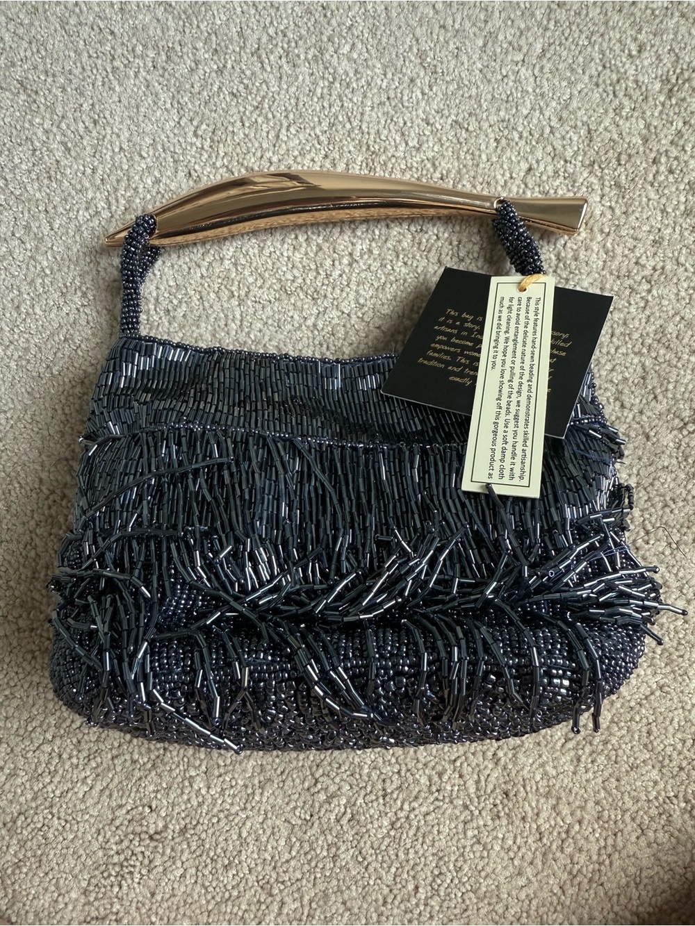 Beaded Fringe Evening Bag in Dark slate Gray / blue hue with Gold Handle